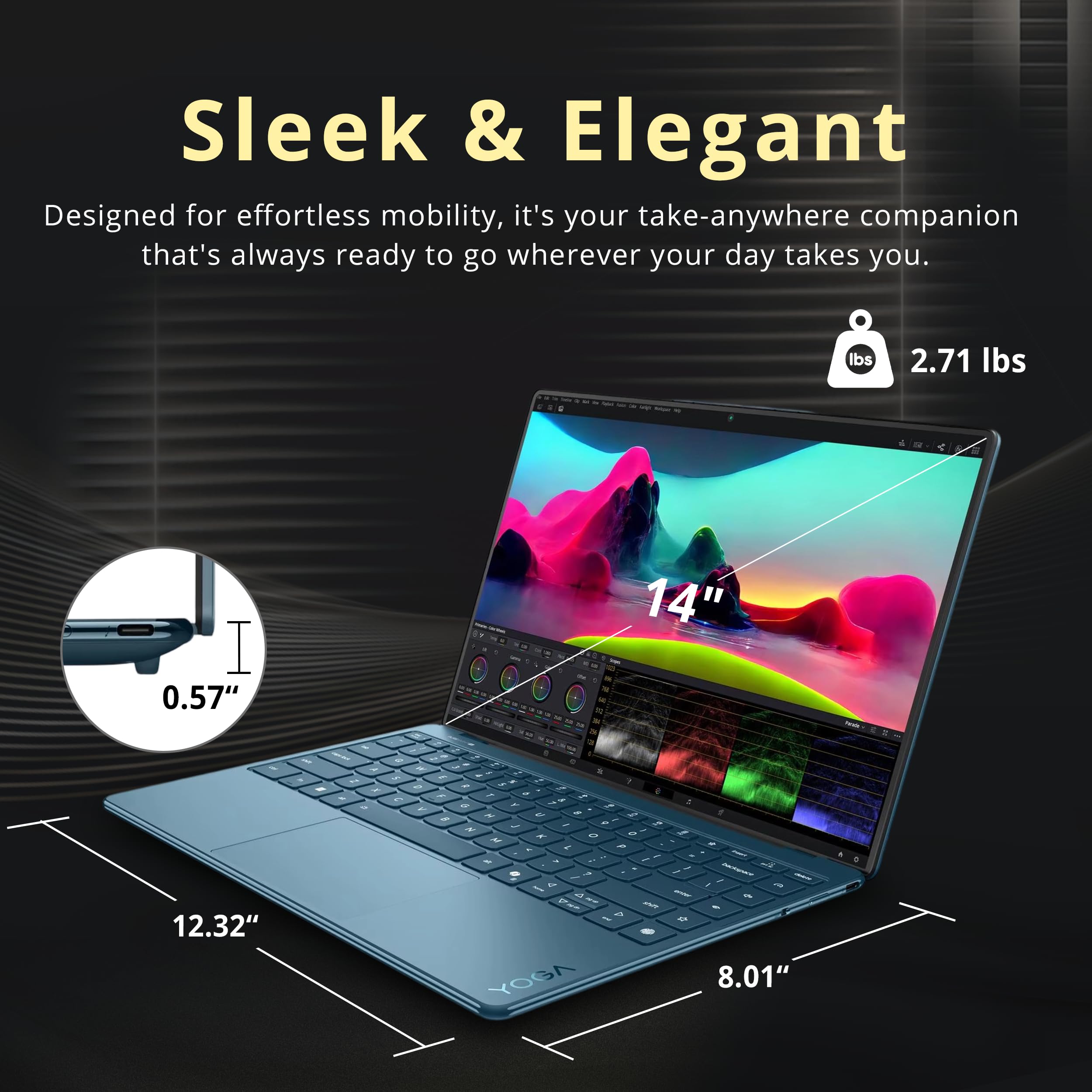 Lenovo Yoga Slim 9i 14" 4K OLED Touch Laptop, Intel Ultra 7 258V, 32GB RAM, 1TB Storage, Intel Arc Graphics, Backlit Keyboard, Copilot+PC, Fingerprint, Win 11, Tidal Teal