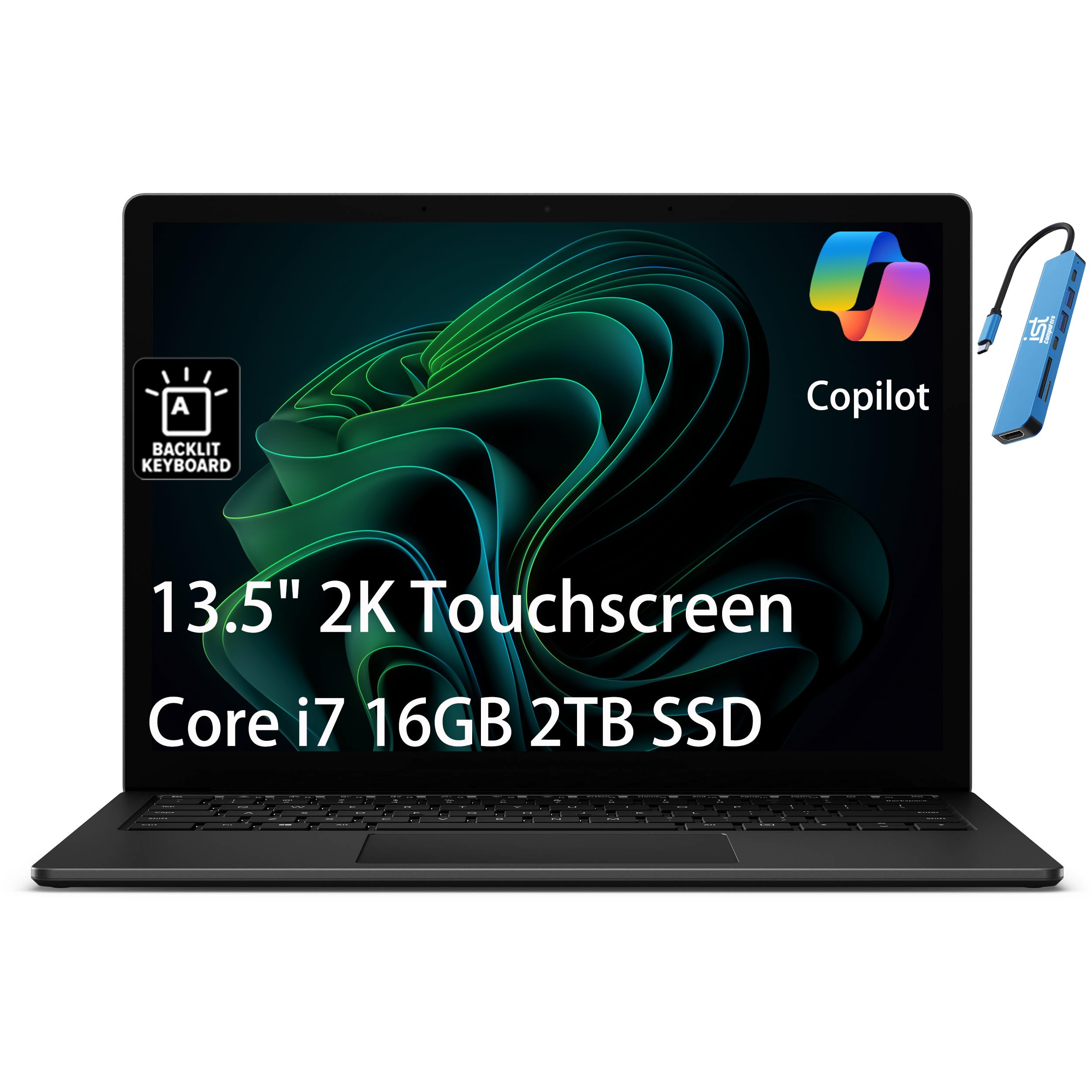 Microsoft Surface Laptop 5 Laptop (13.5" 2K Touchscreen, Intel 10-Core i7-1265U, 16GB 6400MHz RAM, 2TB SSD), HUB, 18-Hr Battery Life, Backlit, Wi-Fi 6, Webcam, Win 11 Pro w/AI Copilot, Black